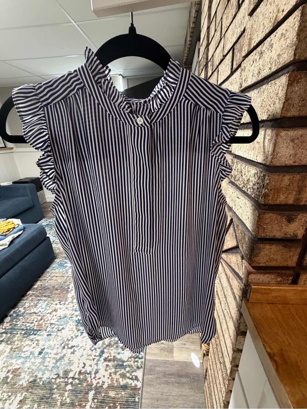 Loft Sleeveless Ruffle-Trim Navy & White Striped Top